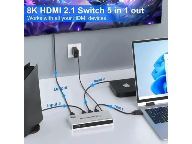 Alt view image 5 of 7 - 5 in 1 Out 8K HDMI 2.1 Switch with IR Remote, 48Gbps High Speed HDMI Switcher Selector Supports 8K@60Hz, 4K@120Hz, HDR, HDCP 2.3, Dolby Vision for PS5/PS4/PS3, Xbox, DVD, Blu-ray Player, PC, UHD HDTV