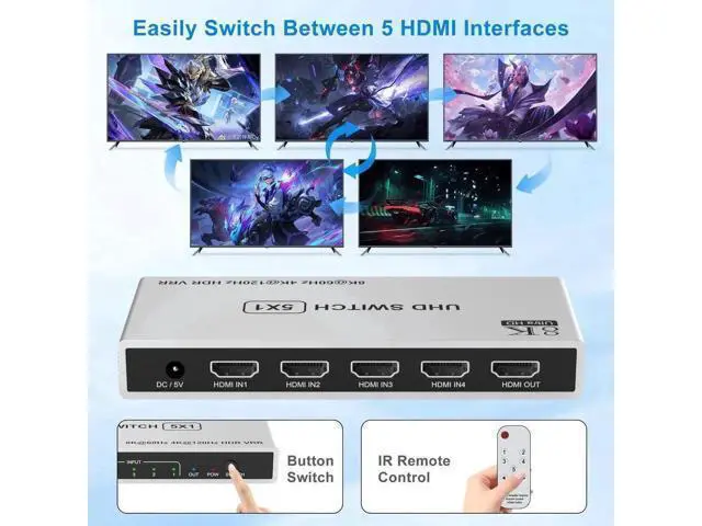 Alt view image 7 of 7 - 5 in 1 Out 8K HDMI 2.1 Switch with IR Remote, 48Gbps High Speed HDMI Switcher Selector Supports 8K@60Hz, 4K@120Hz, HDR, HDCP 2.3, Dolby Vision for PS5/PS4/PS3, Xbox, DVD, Blu-ray Player, PC, UHD HDTV