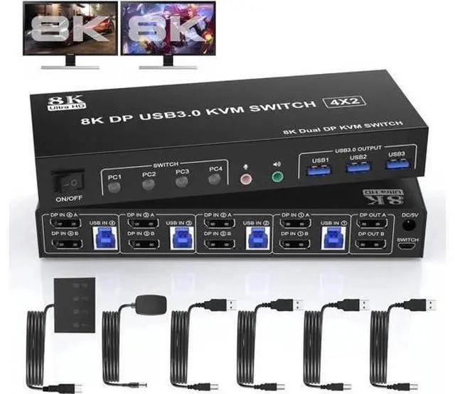 Main image of 4-Port DP1.4 Dual Monitor USB3.0 KVM Switch, 8K@60Hz, Audio & Microphone, 3 USB3.0 Ports