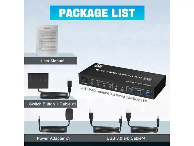 Alt view image 4 of 7 - 4-Port DP1.4 Dual Monitor USB3.0 KVM Switch, 8K@60Hz, Audio & Microphone, 3 USB3.0 Ports