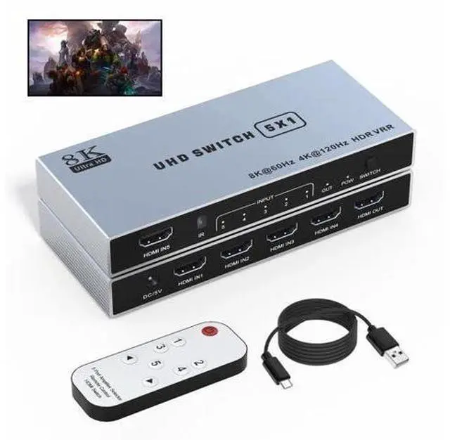 Main image of 5 in 1 Out HDMI 2.1 Switch with IR Remote, 48Gbps 8K@60Hz 4K@120Hz HDMI Switcher Selector Box, Supports HDR, Dolby Vision, HDCP 2.3, CEC for PS5/PS4/PS3, Xbox Series X/S, DVD, Blu-ray Player, PC, UHD