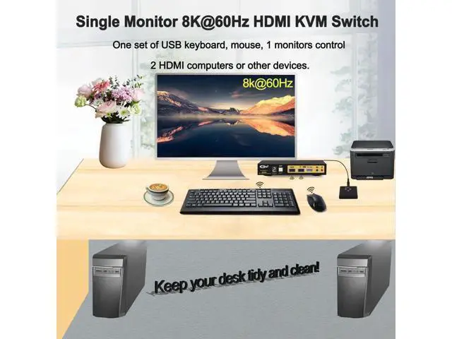 Alt view image 7 of 7 - CKL 2-Port HDMI 2.1 KVM Switch, 8K, for 2 PCs Share 1 Monitor with EDID Emulation