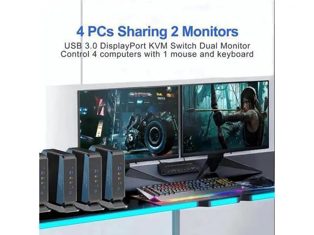 Alt view image 2 of 7 - 4-Port DP1.4 Dual Monitor USB3.0 KVM Switch 4 In 2 Out, 8K@60Hz, Audio Output & 3 USB3.0 Ports