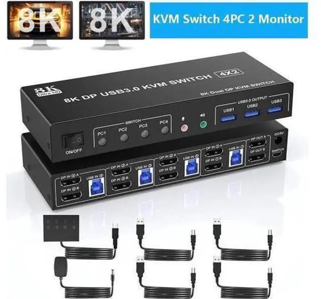Main image of 4-Port DP1.4 Dual Monitor USB3.0 KVM Switch 4 In 2 Out, 8K@60Hz, Audio Output & 3 USB3.0 Ports