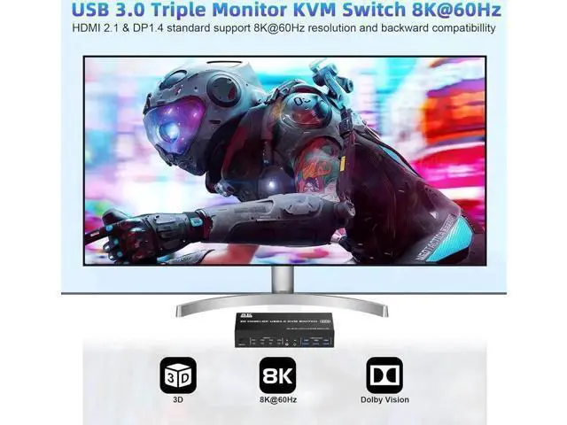 Alt view image 4 of 7 - 4-Port Triple Monitor KVM Switch (2HDMI+1DP), 8K@60Hz & 4K@144Hz, Audio Port & 3 USB3.0 Ports
