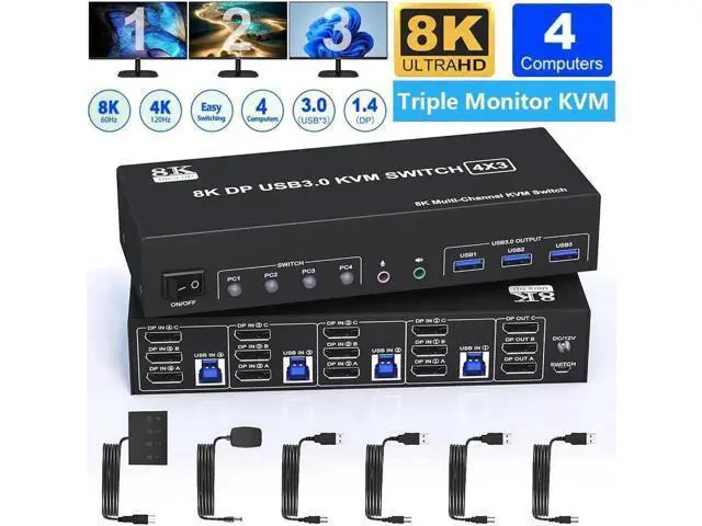 Main image of 4-Port DP1.4 Triple Monitor USB 3.0 KVM Switch, 8K@60Hz & 4K@144Hz, Audio Jack & 3 USB3.0 Ports