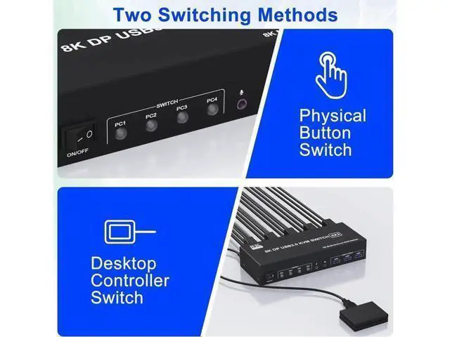 Alt view image 6 of 7 - 4-Port DP1.4 Triple Monitor USB 3.0 KVM Switch, 8K@60Hz & 4K@144Hz, Audio Jack & 3 USB3.0 Ports