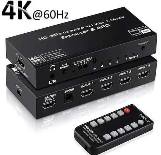 Main image of 4 In 1 Out HDMI 2.0b Switch with Audio Extractor IR Remote, 4K@60Hz HDR Dolby Vision ARC Splitter, Optical SPDIF + 3.5mm AUX Audio Output HDCP2.2 18Gbps