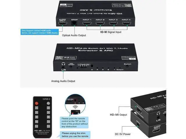 Alt view image 5 of 7 - 4 In 1 Out HDMI 2.0b Switch with Audio Extractor IR Remote, 4K@60Hz HDR Dolby Vision ARC Splitter, Optical SPDIF + 3.5mm AUX Audio Output HDCP2.2 18Gbps