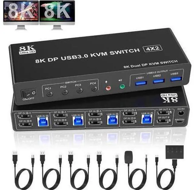 Main image of 4-Port DP1.4 Dual Monitor USB 3.0 KVM Switch, 8K@60Hz, Audio & Microphone Jacks, 3 USB 3.0 Ports