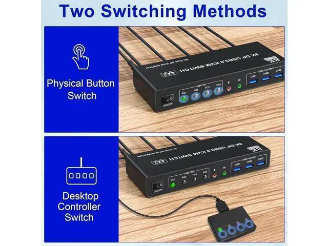 Alt view image 7 of 7 - 4-Port DP1.4 Dual Monitor USB 3.0 KVM Switch, 8K@60Hz, Audio & Microphone Jacks, 3 USB 3.0 Ports