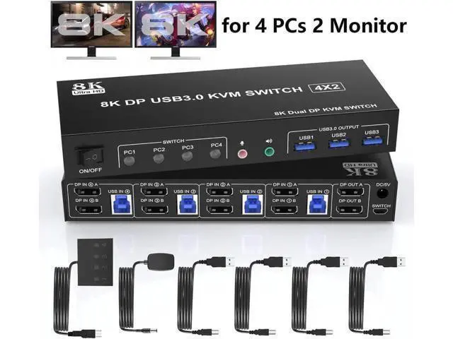Main image of 4-Port DP1.4 Dual Monitor USB 3.0 KVM Switch, 8K@60Hz, Audio & Mic Jacks, 3 USB 3.0 Ports