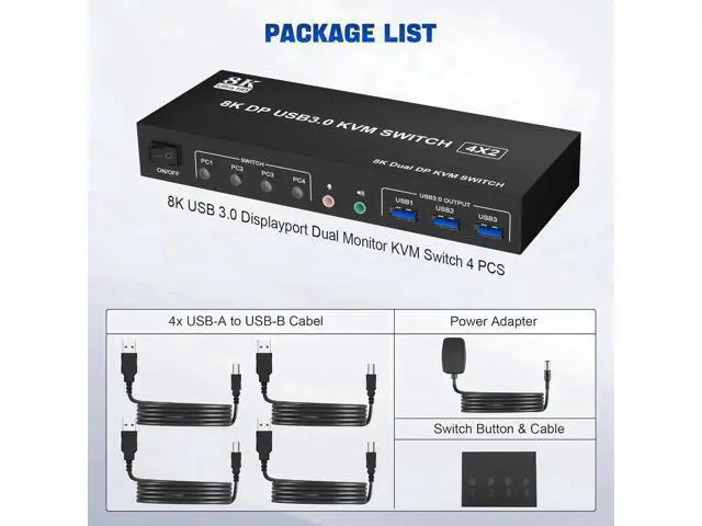 Alt view image 7 of 7 - 4-Port DP1.4 Dual Monitor USB 3.0 KVM Switch, 8K@60Hz, Audio & Mic Jacks, 3 USB 3.0 Ports