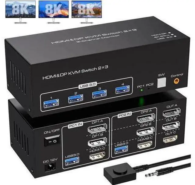 Main image of 8K@60Hz Triple Monitor KVM Switch 2 Computers 2DP+HDMI USB3.0, 4K@120Hz Extended Display for Dell HP Mac Gaming Laptops Desktops