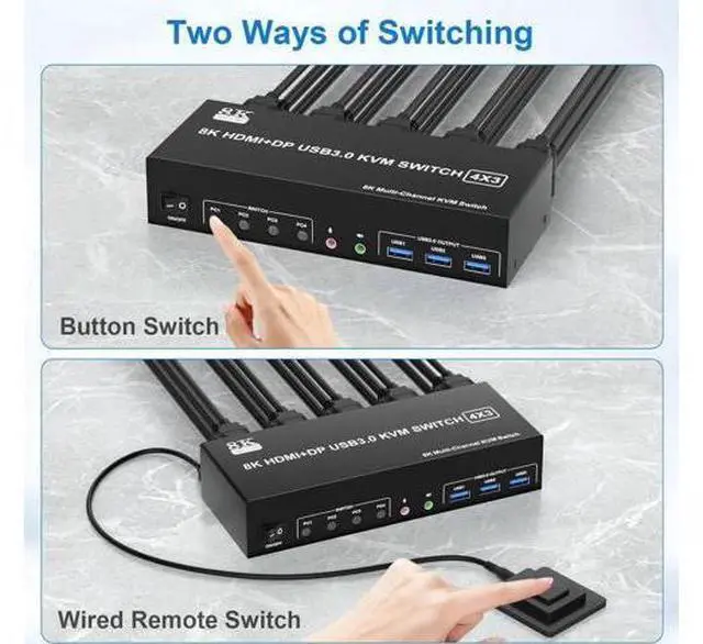 Alt view image 2 of 7 - 4-Port Triple Monitor KVM Switch (2HDMI+1DP), 8K@60Hz, Audio & Mic, 3 USB3.0 Ports, Extended & Clone Display Modes