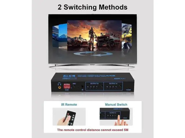 Alt view image 2 of 7 - 4X2 HDMI 2.0b Matrix Switch Model OZJ2-1 with IR Remote & EDID Extractor, 4K@60Hz HDR Video Splitter, ARC SPDIF Optical + 3.5mm Audio Output HDCP2.2 3D 1080P