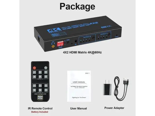 Alt view image 4 of 7 - 4X2 HDMI 2.0b Matrix Switch Model OZJ2-1 with IR Remote & EDID Extractor, 4K@60Hz HDR Video Splitter, ARC SPDIF Optical + 3.5mm Audio Output HDCP2.2 3D 1080P