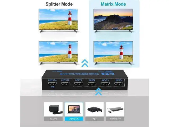 Alt view image 6 of 7 - 4X2 HDMI 2.0b Matrix Switch Model OZJ2-1 with IR Remote & EDID Extractor, 4K@60Hz HDR Video Splitter, ARC SPDIF Optical + 3.5mm Audio Output HDCP2.2 3D 1080P