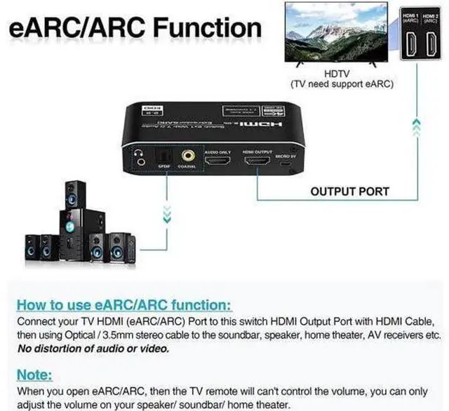Alt view image 3 of 6 - 2 in 1 Out HDMI 2.0b Switch with Audio Extractor, 4K@60Hz HDR 2x1 HDMI Switcher Splitter with Optical SPDIF, Coaxial & 3.5mm Audio Output, HDCP 2.3 IR Remote Control