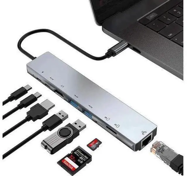Main image of 8 in 1 USB C Multiport Hub, Type C Adapter with 87W PD Charging, 4K@30Hz HDMI, Gigabit RJ45 Ethernet, USB 3.0 Port, SD & TF Card Reader for Windows, MacBook and All USB-C Laptops