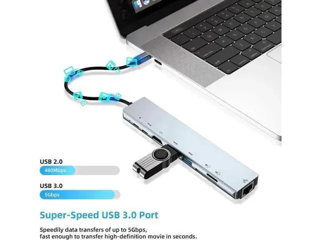 Alt view image 2 of 7 - 8 in 1 USB C Multiport Hub, Type C Adapter with 87W PD Charging, 4K@30Hz HDMI, Gigabit RJ45 Ethernet, USB 3.0 Port, SD & TF Card Reader for Windows, MacBook and All USB-C Laptops