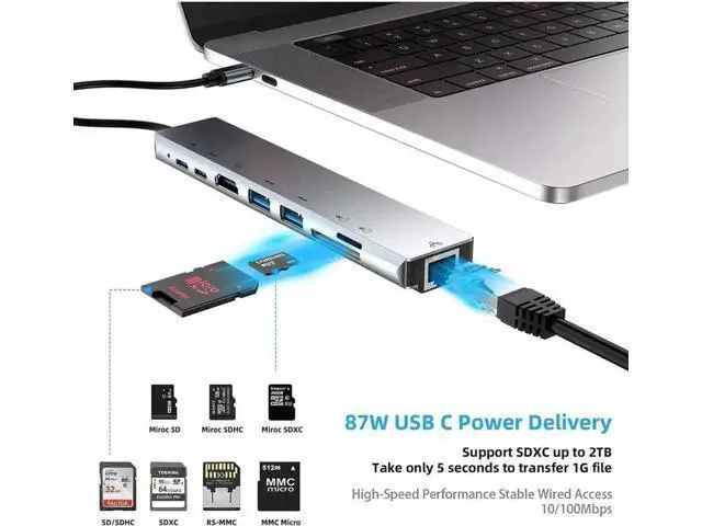 Alt view image 7 of 7 - 8 in 1 USB C Multiport Hub, Type C Adapter with 87W PD Charging, 4K@30Hz HDMI, Gigabit RJ45 Ethernet, USB 3.0 Port, SD & TF Card Reader for Windows, MacBook and All USB-C Laptops
