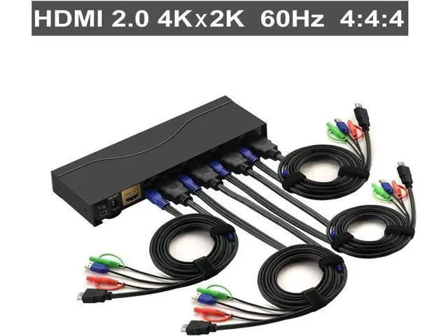 Alt view image 2 of 6 - 4-Port HDMI KVM Switch with Audio & Microphone, Dual USB 2.0 Hubs and Cables, 4K@60Hz 4:4:4, Compatible with Wireless Keyboard & Mouse