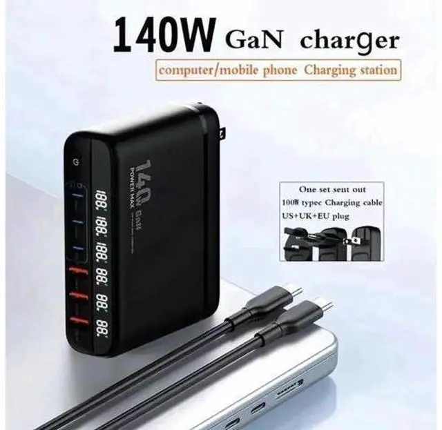 Main image of 140W GaN USB-C Charger Block, QC3.0 Fast Charging Desktop Type-C Power Adapter Compatible with iPhone, Xiaomi, Samsung Smartphones, Black