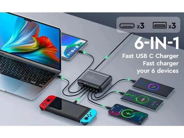 Alt view image 7 of 7 - 140W GaN USB-C Charger Block, QC3.0 Fast Charging Desktop Type-C Power Adapter Compatible with iPhone, Xiaomi, Samsung Smartphones, Black