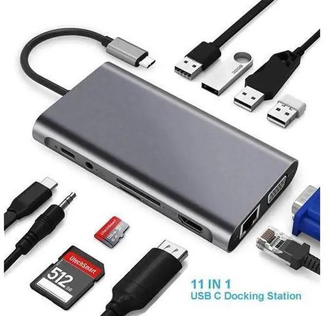 Main image of 11-in-1 USB C Multiport Hub Adapter with Gigabit Ethernet, 100W PD Charging, 4K HDMI, VGA, SD/TF Card Reader, 4×USB3.0 & 3.5mm Audio Mic Jack, Compatible with MacBook, Chromebook & All USB-C Laptops