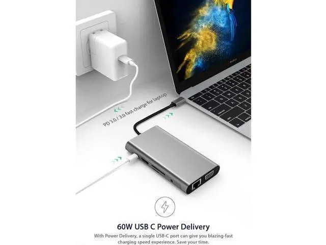 Alt view image 4 of 7 - 11-in-1 USB C Multiport Hub Adapter with Gigabit Ethernet, 100W PD Charging, 4K HDMI, VGA, SD/TF Card Reader, 4×USB3.0 & 3.5mm Audio Mic Jack, Compatible with MacBook, Chromebook & All USB-C Laptops