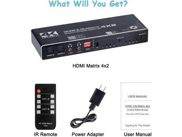Alt view image 5 of 7 - 4x2 HDMI Matrix Switch 4 in 2 Out Model OZJ1 with IR Remote, Supports 4K, 1080P, 3D, RGB 8:8:8, Dolby Atmos, Dual SPDIF & Dual 3.5mm L/R Audio Outputs, Customizable EDID Management