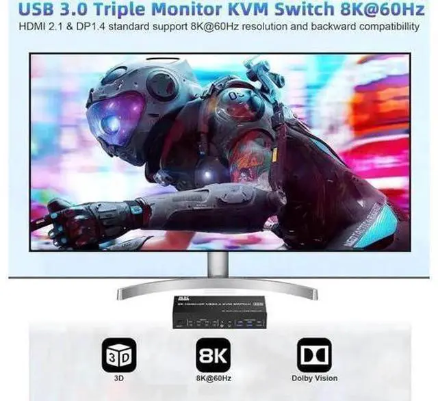 Alt view image 2 of 7 - 4-Port Triple Monitor KVM Switch (2HDMI+1DP), 8K@60Hz & 4K@144Hz, Audio & 3 USB3.0 Ports for 4 PCs