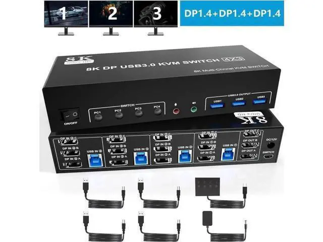 Main image of 4-Port DP1.4 Triple Monitor USB3.0 KVM Switch, 8K@60Hz, Audio & Mic + 3 USB3.0 Ports for 4 PCs