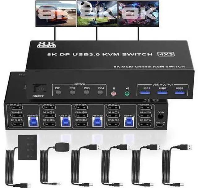 Main image of 4-Port DP1.4 Triple Monitor USB3.0 KVM Switch, 8K with Audio & Mic + 3 USB3.0 Ports for 4 PCs 3 Displays