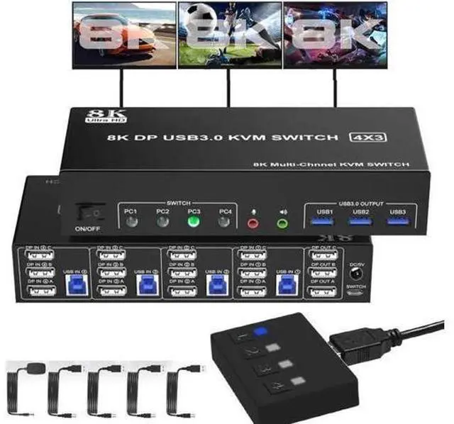 Main image of 4-Port DP1.4 Triple Monitor USB 3.0 KVM Switch, 8K Ultra HD, Audio & Mic Jacks, 3 USB3.0 Ports