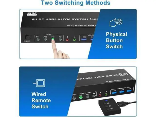 Alt view image 4 of 7 - 4-Port DP1.4 Triple Monitor USB 3.0 KVM Switch, 8K Ultra HD, Audio & Mic Jacks, 3 USB3.0 Ports