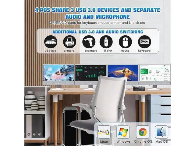 Alt view image 5 of 7 - 4-Port DP1.4 Triple Monitor USB 3.0 KVM Switch, 8K Ultra HD, Audio & Mic Jacks, 3 USB3.0 Ports