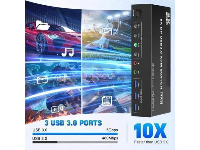 Alt view image 6 of 7 - 4-Port DP1.4 Triple Monitor USB 3.0 KVM Switch, 8K Ultra HD, Audio & Mic Jacks, 3 USB3.0 Ports