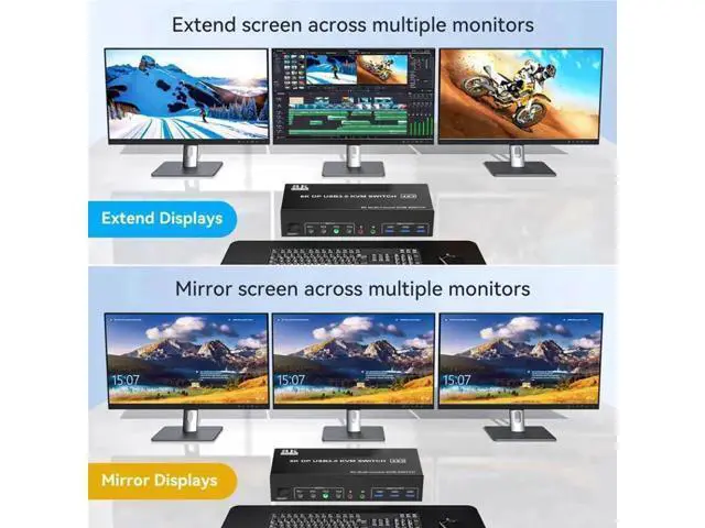 Alt view image 7 of 7 - 4-Port DP1.4 Triple Monitor USB 3.0 KVM Switch, 8K Ultra HD, Audio & Mic Jacks, 3 USB3.0 Ports