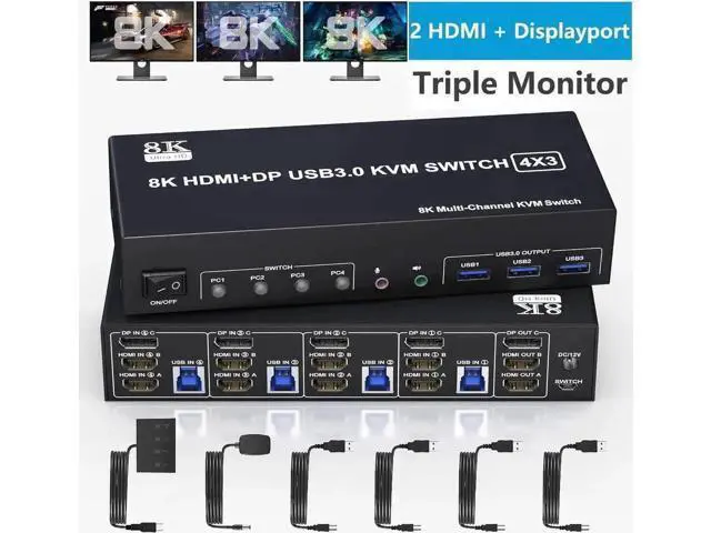 Main image of 4-Port Triple Monitor KVM Switch (2HDMI+1DP), 8K@60Hz & 4K@144Hz, Audio + 3 USB3.0 Ports for 4 PCs