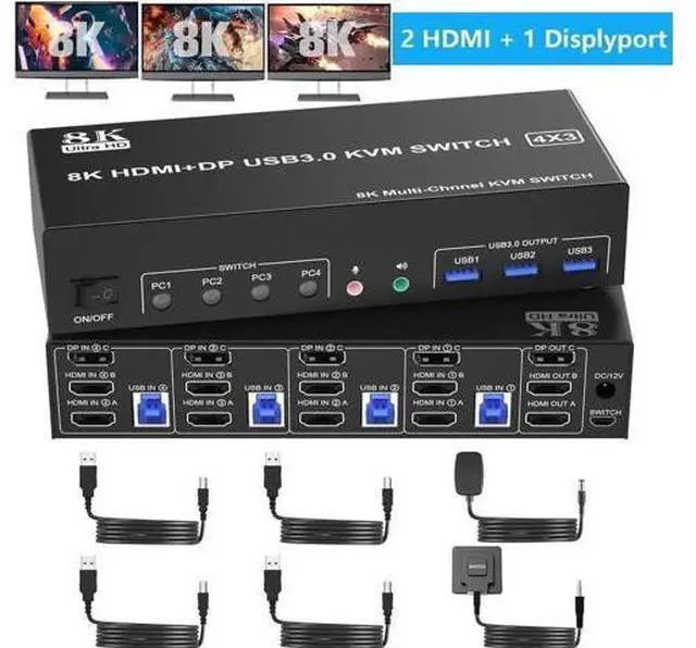 Main image of 4-Port Triple Monitor KVM Switch (2HDMI+1DP), 8K@60Hz & 4K@144Hz, Audio & 3 USB3.0 Ports for 4 PCs