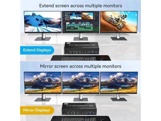 Alt view image 2 of 7 - 4-Port DP1.4 Triple Monitor USB3.0 KVM Switch, 8K, Audio & Mic + 3 USB3.0 Ports for 4 PCs 3 Screens