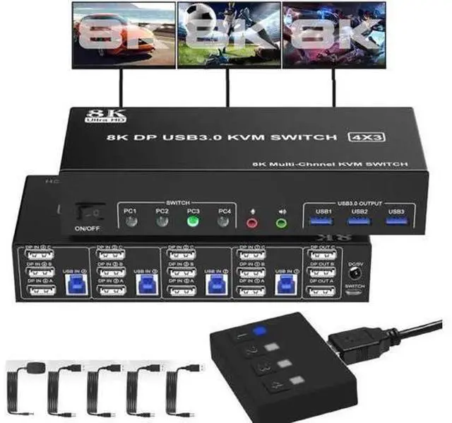Main image of 4-Port DP1.4 Triple Monitor USB3.0 KVM Switch, 8K, Audio & Mic + 3 USB3.0 Ports for 4 PCs 3 Screens