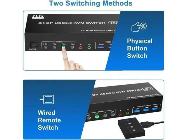 Alt view image 3 of 7 - 4-Port DP1.4 Triple Monitor USB3.0 KVM Switch, 8K, Audio & Mic + 3 USB3.0 Ports for 4 PCs 3 Screens