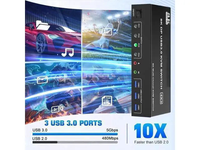 Alt view image 4 of 7 - 4-Port DP1.4 Triple Monitor USB3.0 KVM Switch, 8K, Audio & Mic + 3 USB3.0 Ports for 4 PCs 3 Screens