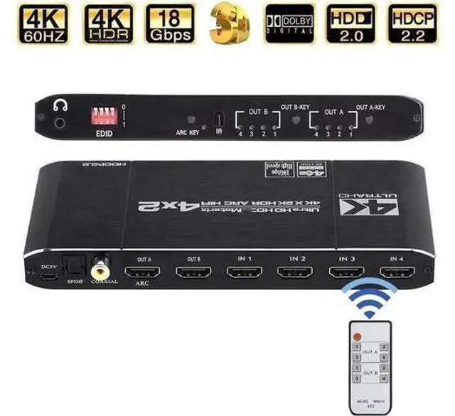 Main image of 4x2 HDMI Matrix Switch Splitter, HDMI 2.0 4K@60Hz HDCP 2.2 HDR ARC Audio Extractor, 4 Input 2 Output HDMI Matrix for HDTV PS4