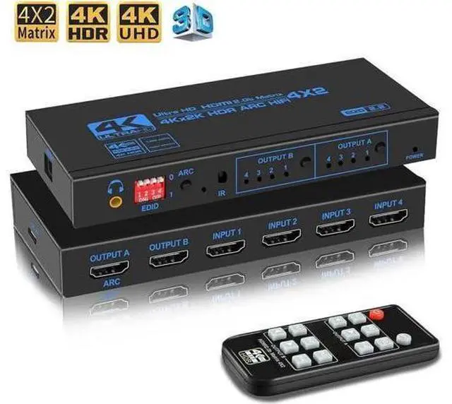 Main image of 4X2 HDMI Matrix Switch Model OZJ2-1, 4 In 2 Out Video Splitter with IR Remote, Optical SPDIF + 3.5mm Audio Extractor EDID Management Support 4K Ultra HD 3D 1080P