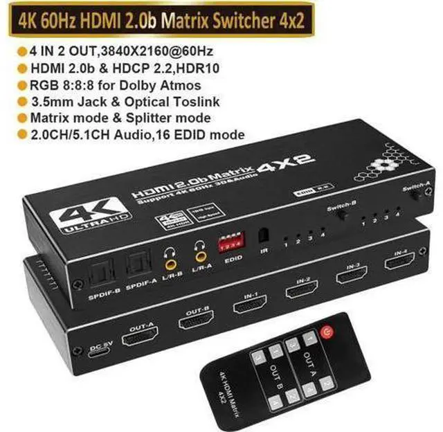 Main image of 4 In 2 Out HDMI Matrix Switch OZJ1 with IR Remote & EDID Management, 4K@60Hz 3D 1080P Video Splitter, Dual SPDIF Optical + Dual 3.5mm L/R Stereo Independent Audio Extractor