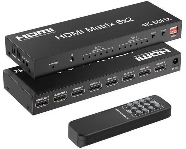 Main image of 6x2 HDMI 2.0 Matrix Switch Splitter, 6 in 2 Out HDMI Switcher Selector with IR Remote, Optical SPDIF + 3.5mm AUX Audio Extractor, Supports 4K@60Hz 18Gbps UHD HDR HDCP 2.3, Adjustable EDID Management,